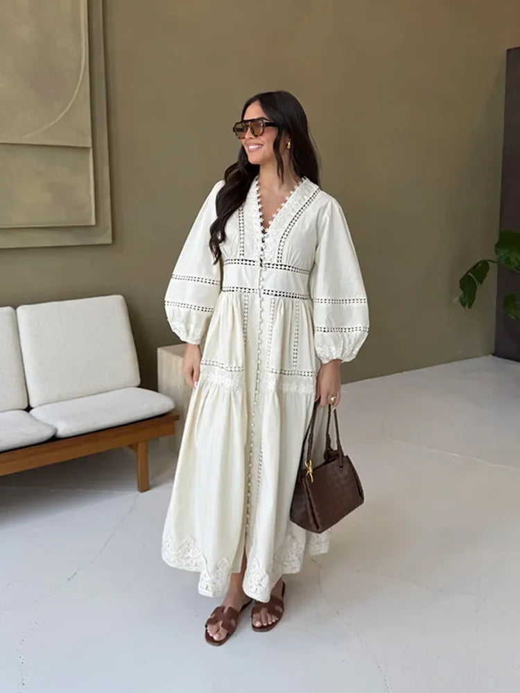 Elegant Lace Hollow Out Women's Long Dress