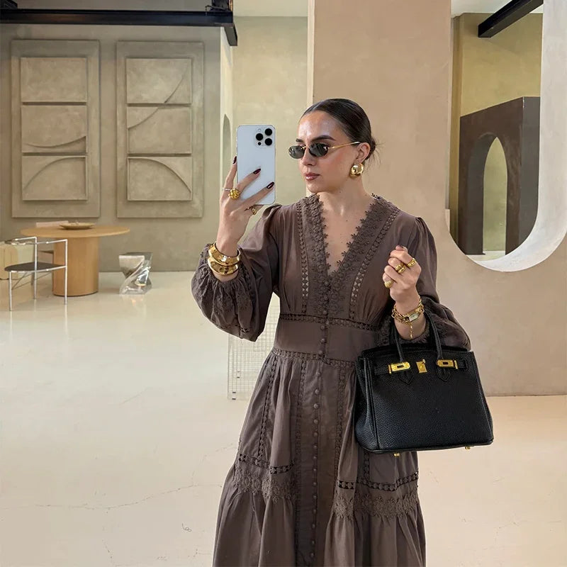Elegant Lace Hollow Out Women's Long Dress