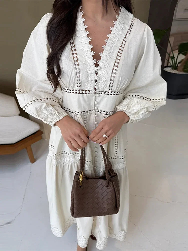 Elegant Lace Hollow Out Women's Long Dress
